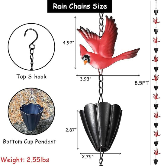 Cardinal Rain Chain, 8.5Ft Rain Chains for Gutters and Downspouts, Metal Decorative Rain Catcher Chain, Bird and Cup Rainwater Gutter Chimes for Outside, Outdoor Garden Decor