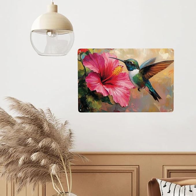 Cafemira Bird &Hibiscus flower Metal tin sign,home Art Decor poster,Wall Decoration Tinplate plaque,for living room,cafe,Bedroom,Garden,Yard,Patio,8x12 Inch,gift for friend family,easy to hang