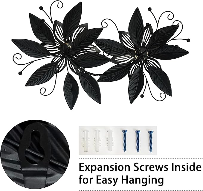 LIFFY Black Wall Decor,15" 3D Multi-layer Metal Flowers Wall Decor, Rustic Modern Floral Sculpture for Indoor Kitchen Bedroom Living Room Office Outdoor Garden Patio