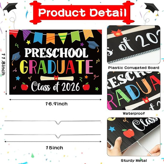 Preschool Grad Yard Sign Class of 2026 Kindergarten Graduate Lawn Sign with Stake School Congrats Graduation Decorations Colorful Graduation Party Favors Supplies Outdoor Photo Booth Props for Kids
