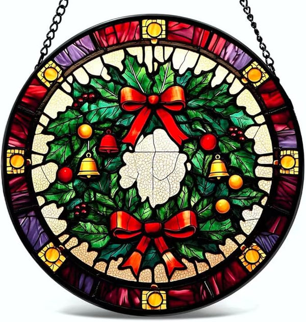 Stained Glass Window Hanging - Christmas Wreath Ornament 6.3 Inches Suncatcher for Garden Home Decor for Women Mon Grandma Friends