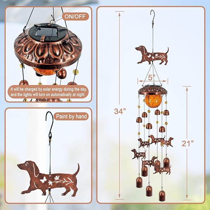 Dachshund Solar Wind Chimes for Outside,Metal Dog WindChimes with Cracked Glass Lights,Hanging Solar Lights Outdoor,Yard,Patio,Garden,Porch Decor