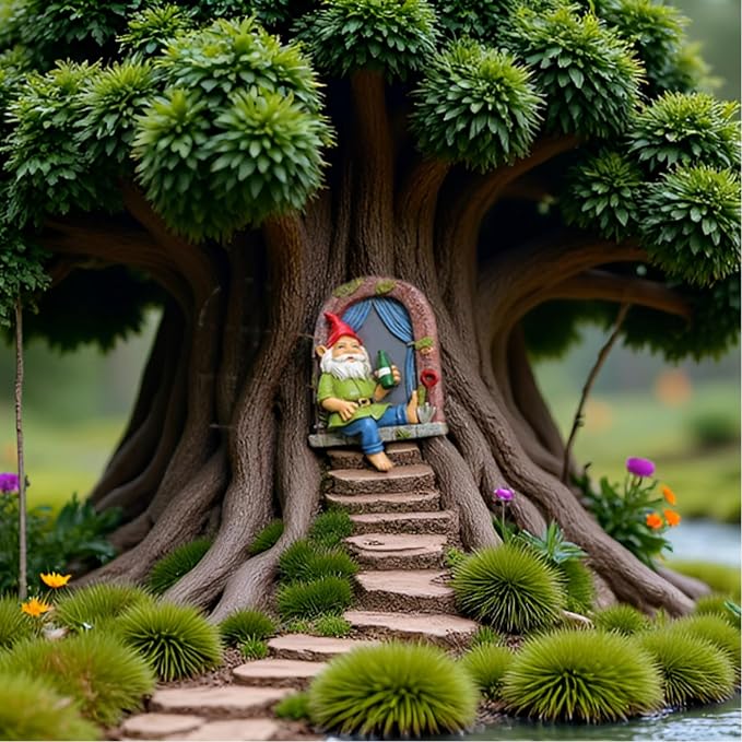 Funny Garden Gnome Accessories Tree Hugger Statue Gnome Dringking Beer by Window, Fairy Garden Decoration, Whimsical Tree Sculpture Peeker, Patio Yard Lawn Porch Decoration,Christmas New Year Gift