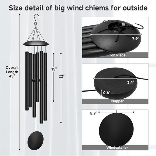 45" Large Wind Chimes for Outside, 6 Thick and Bold Aluminum Tubes Tuned Relaxing Melody Wind Chime Deep Tone, Big Wind Chimes for Garden Patio Decor, Great Gift Idea for Mother's Day (Black)