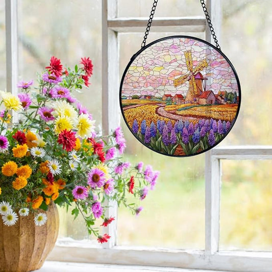 Wildflower Windmill Landscape Suncatchers Stained Glass Window Hanging, Cottagecore Flower Sun Catchers Indoor Window Glass Round Wall Decor, Floral Wall Hanging Decorations, 7.9x7.9in