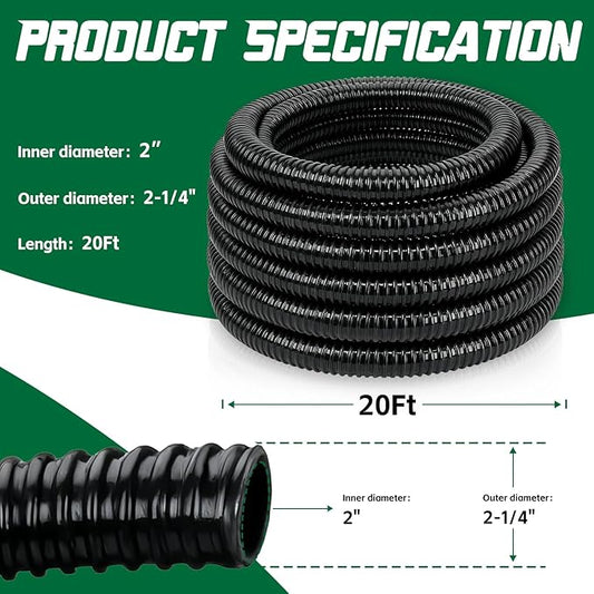 Pond Tubing 2” × 20 Feet Black Flexible PVC Pond Hose,Garden Pond PVC Tube - Reinforced, Kink-Resistant Tubing for Pumps, Fountains & Waterfalls, with 4 Clamps,2" Dia