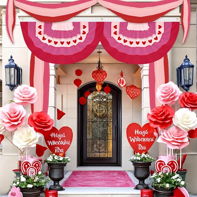 4Pcs Valentine Bunting Flags 2x4Ft Embroidered Love Heart Half Fan Bunting Decor Wedding Season Valentine’s Day Galentine’s Day Outside Banner for Outdoor Porch Garden Fence Décor Engagement Party Anniversary