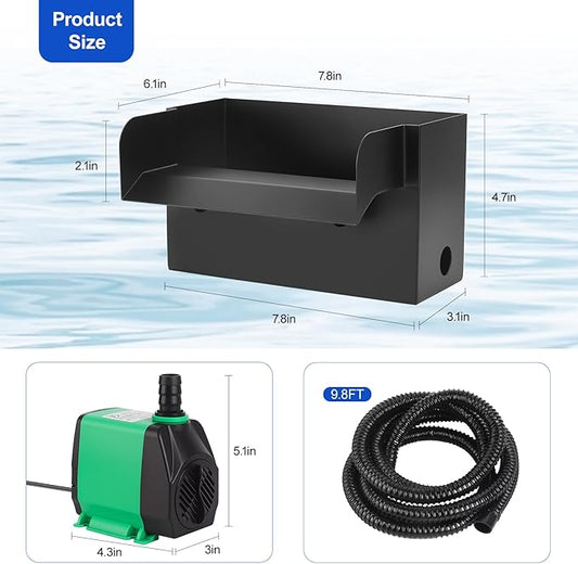 All-in-One Pond Waterfall Spillway Kit – 8” 304 Stainless Steel Waterfall Box with Ultra-Quiet 660GPH Pump, 10FT Tubing, Filter & Accessories for Outdoor Garden, Pool, Backyard Ponds
