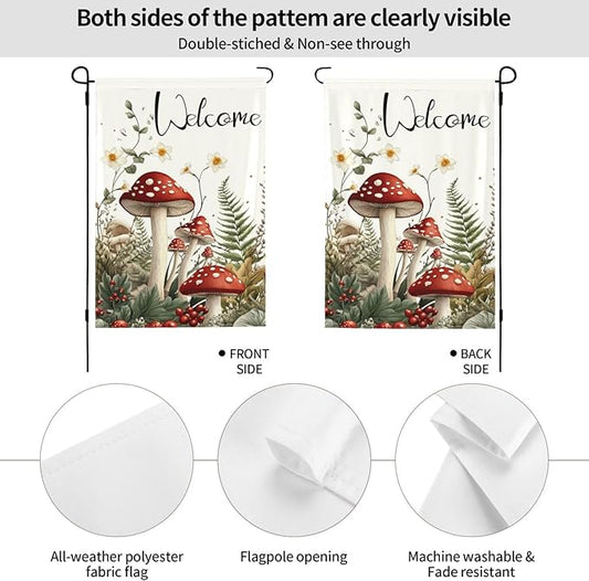 Mushrooms and Fern Garden Flags 12×18 Inch Welcome Double Sided Decorative Yard Banner Seasonal Flag for Outdoor Outside Decor