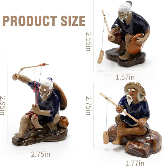 3 PCS Fisherman Statue Fishing Ornament Bonsai Accessory Tree Pot Chinese Clay Man Ceramic Garden Decoration Fish Tank Bonsai Garden Decoration