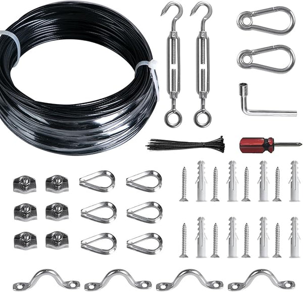 Brightown String Lights Hanging Kit for Outdoor, Includes 100Ft Stainless Steel(304) Suspension Rope Cable in Black Vinyl-Coated, Turnbuckle, Thimble, Hooks. Heavy Duty and Easy to Install