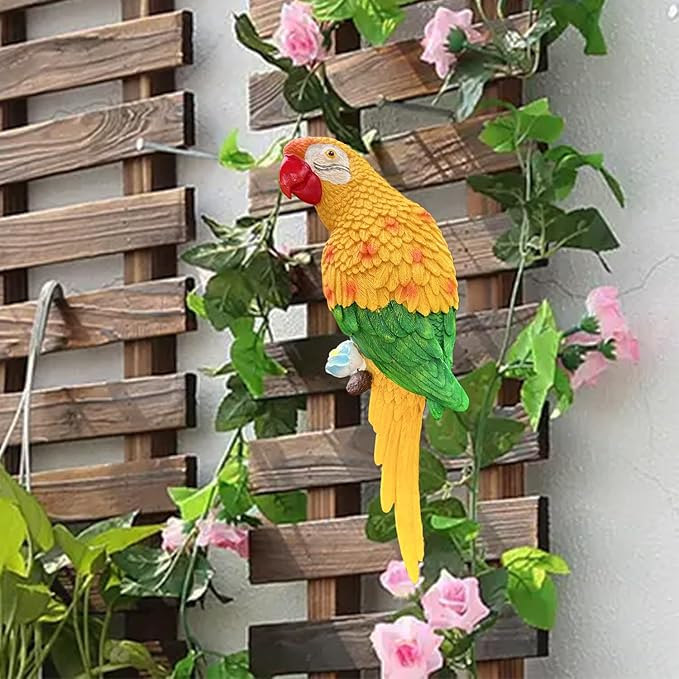 12.7in Fake Parrots Statue for Outdoor Pool Deck Decorations, Resin Lifesize Hawaiian Tropical Birds Decor for Patio, Wall Parrot Decor, Plastic Parrot Sculpture for Yard, Palm Tree(Yellow)