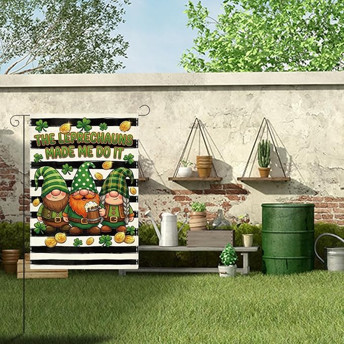 St Patricks Day Gnome Garden Flag The Leprechauns Made Me Do It Shamrock Irish March Black and White Stripes Garden Flag St Patricks Day Double Sided House Flag for Outside Yard Decorations 12×18 Inch
