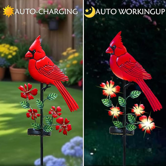 Cardinal Decor Garden Stake,Solar Metal Yard Art Red Cardinal, Cardinal Bird Figurine Lights with Powered LED Garden Sculptures & Statues, Outdoor Decor for Balcony, Yard, Lawn, Pathway, Walkway