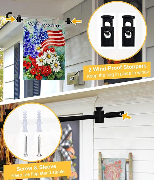 Koutemie Wall Garden Flag Stand Holder Pole with 2 Stoppers for 12 x 18 Outside Small Flags Décor, One Piece Wall Mounted Metal Garden Flag Scroll Hanger for Mailbox Post, Black