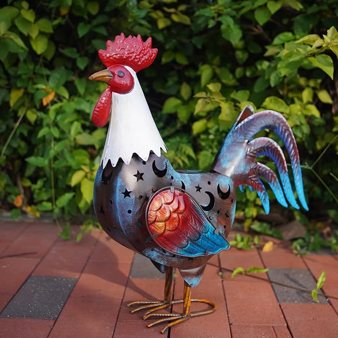 LIFFY Metal Rooster Yard Decor,18" Rooster Outdoor Decor with Solar Lights,Chicken Home Decorative Ornaments,Garden Statues for Outside Patio Backyard Landscape Lawn