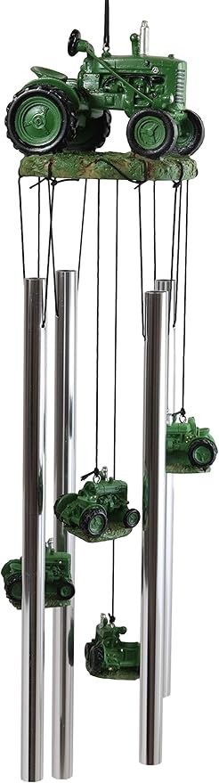 Ebros Gift Old Fashioned Vintage Country Agricultural Farm Green Tractor Model Resonant Relaxing Wind Chime Patio Garden Accent of Rustic Countryside Farming Cottage Theme