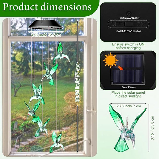 Retisee LED Solar Hanging Wind Chime, Outdoor Mobile Color Changing Light, Home Yard Garden Decoration Automatic Light Gift for Party Women Mom(Hummingbird)