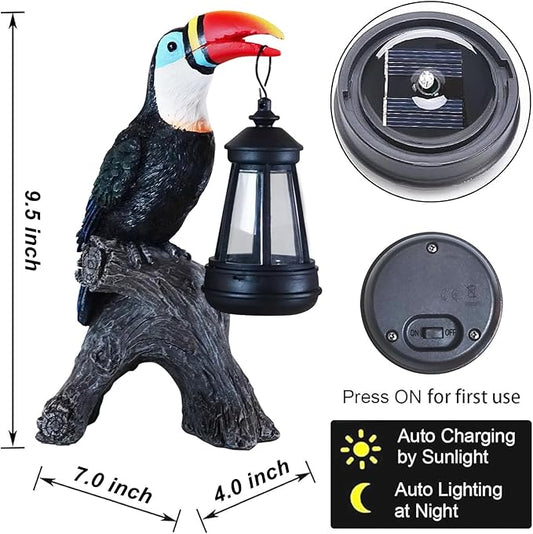 Spring Toucan Garden Statues Decor, Solar Waterproof 9.5" Colorful Tropical Bird Sculpture with LED Lights Funny Garden Outdoor Exotic Bird Sculpture Decoration for Lawn Porch Yard Patio Tiki Bar