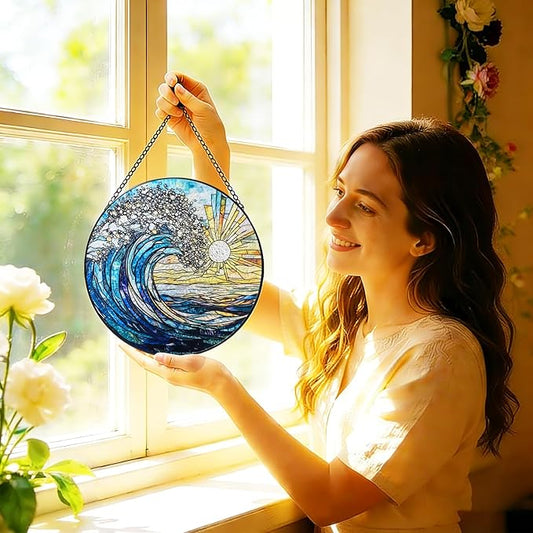 Stained Glass Window Hanging, 8 Inch Sea Wave Suncatcher, Sun Catchers Indoor Window, Ocean Suncatchers for Windows Hanging, Spring Home Garden Coastal Decor Panel, Beach Lover Gift for Women Mom Wife