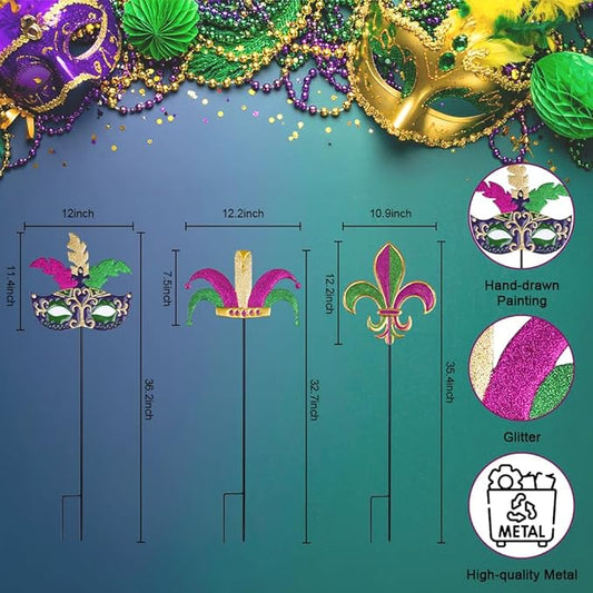 hogardeck Mardi Gras Outdoor Decorations, Set of 3 Metal 36" Decorative Garden Stakes with Mask Fleur-de-lis Jester's Hat for Mardi Gras Decor, Glitter Yard Sign for Outside Lawn Porch Backyard Party