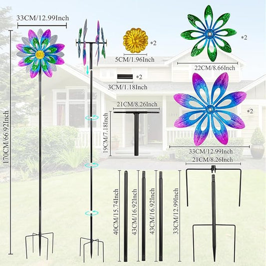 360°Metal Wind Spinner Outdoor,13”Double Wind Sculptures Garden Pinwheels with Metal Stak,Waterproof Pinwheels Large Wind Spinner for Yard and Garden(Purple)