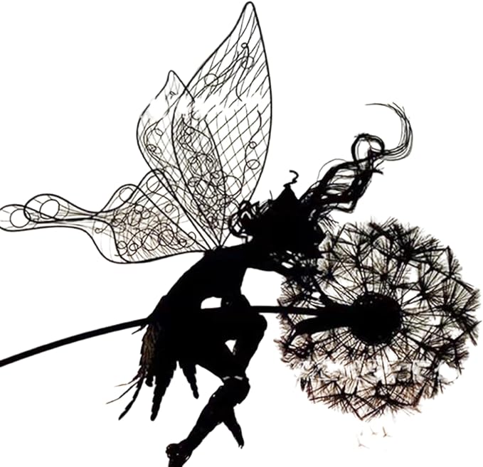 Flower Fairy Dancing with Dandelion, Fairy Garden Sculptures, Angel Metal Ornaments Gardens Art Sculpture, Stainless Steel Statue Garden Ornaments Art Decorations for Outdoor Yard Lawn Patio (G_flat)