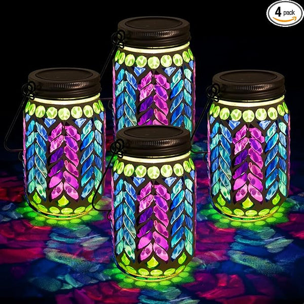 Stargarden 4 Pack Mosaic Solar Lantern ,Waterproof Outdoor Hanging Jar Lights, Mosaic Lights Solar Garden Decor for Patio Pathway Yard