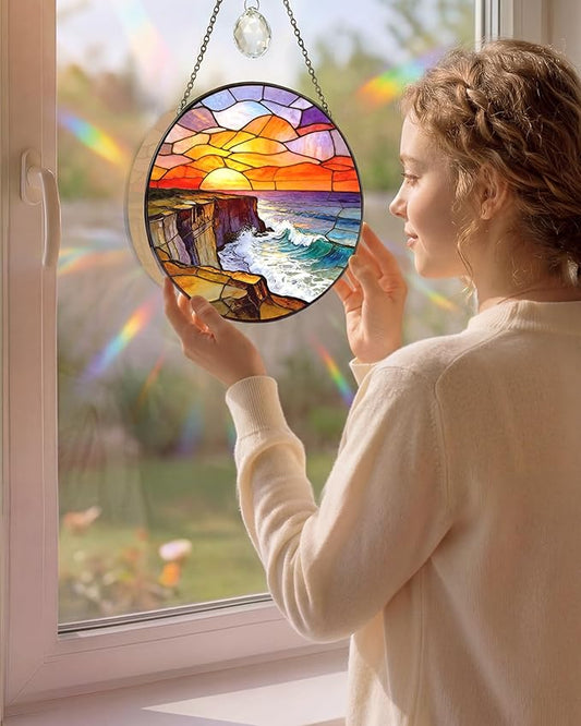 Stained Glass Window Hanging Sun Catcher, 7.8 Inch Ocean Wave Sunrise Suncatcher for Windows Home Decor, Sun Catchers Indoor Window Decoration, Birthday Gifts for Women and Mom