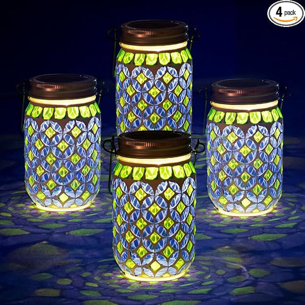 Stargarden 4 Pack Mosaic Solar Lantern , Outdoor Hanging Lantern Waterproof Table Lamp Mosaic Night Light for Tree, Garden, Patio, Yard, Outdoor(Blue Green)