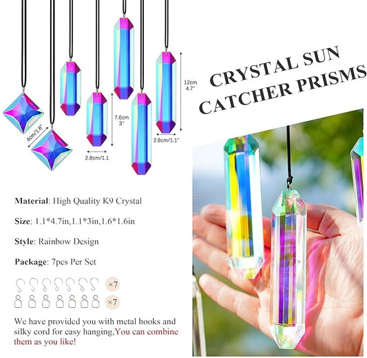 HDCRYSTALGIFTS Set 7 Crystal Sun Catcher Prisms, AB Colored Suncatcher Crystals Indoor Window Hanging Ornaments Rainbow Maker Prisms for Home Garden Decor