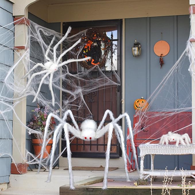 FOIMAS 3pcs Halloween Realistic Hairy Spider,Large White Scary Spiders Prop for Lawn Yard Wall Indoor Outdoor Halloween Party Decoration,59",35",12"