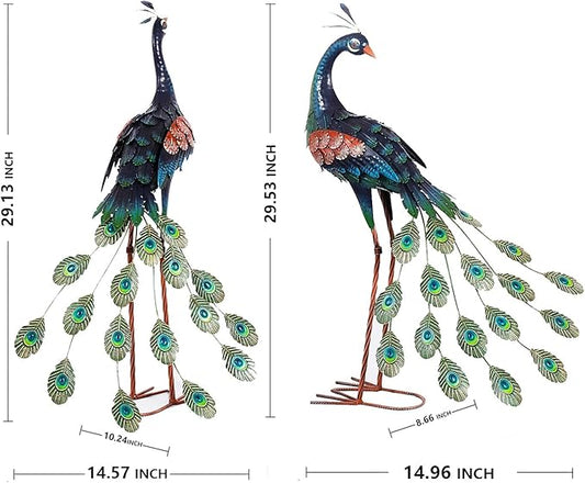 chisheen Garden Decor Outdoor Statues, Metal Peacock Decor for Outside, Garden Art Sculptures Standing for Patio Yard Lawn Home Decorations, Set of 2