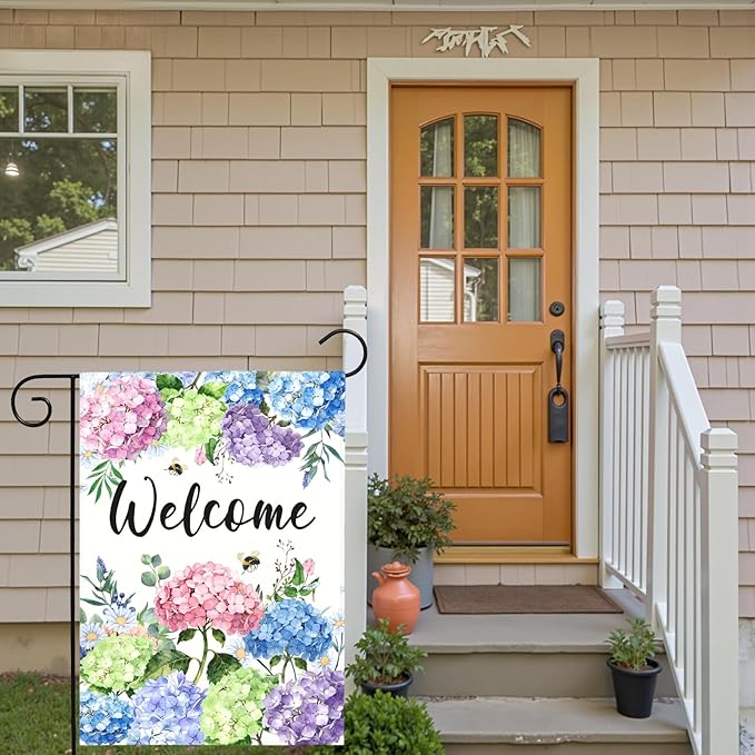 Welcome Hydrangea Garden Flag Spring Summer Colorful Floral Yard Flags Watercolor Flowers Bee Design Seasonal Porch Durable Polyester House Banners for Lawn Patio Outdoor Decor 12 x 18 Inch