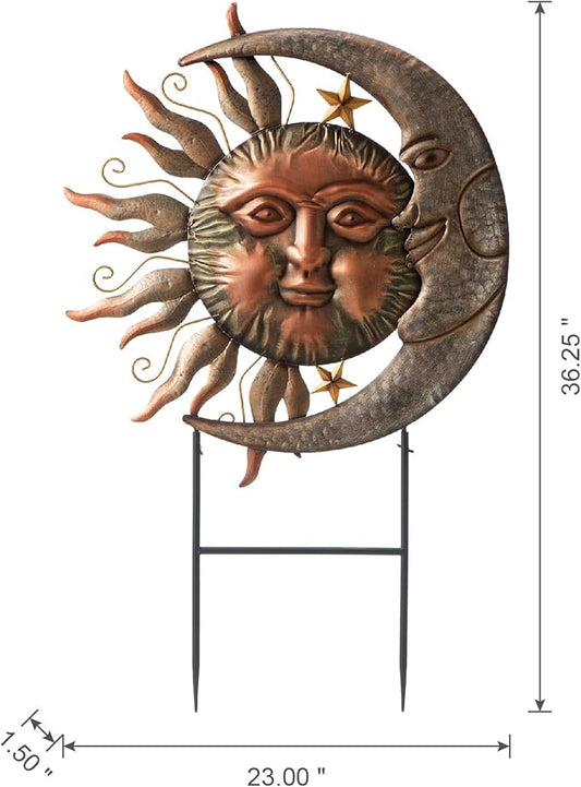 Glitzhome 36.25"H Metal Sun and Moon Yard Stake, Bronze Rustic Sun and Moon Garden Stake or Antique Wall Decor