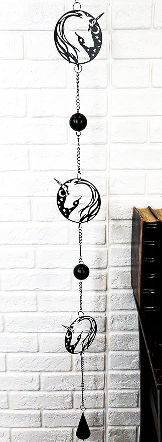 Ebros Gift Sacred Unicorn Horse with Moon and Stars Silhouette in Filigree Frame Black Coated Steel Metal Wall Hanging Wind Chime with Beads Home and Patio Decor Mobile Noisemaker