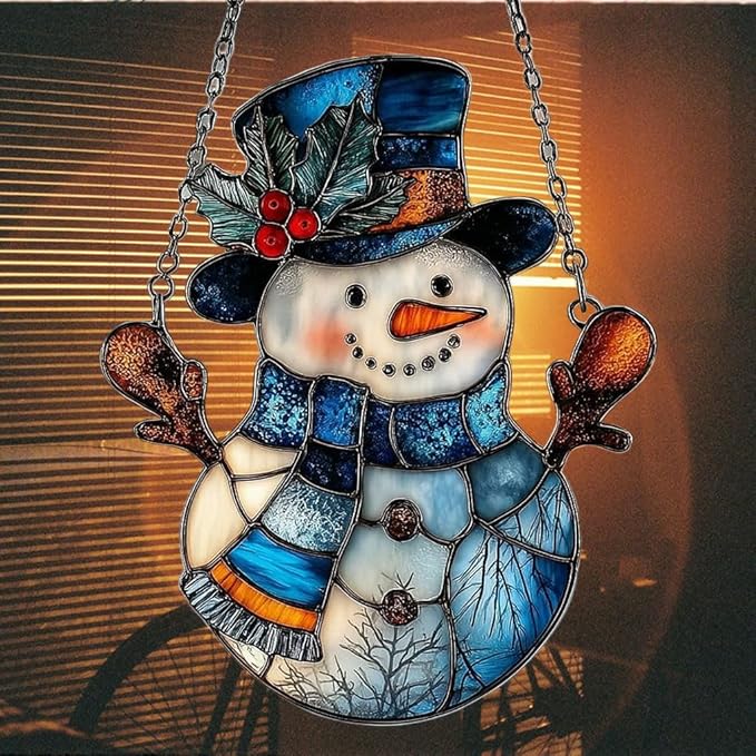 Snowman Cute Mistletoe Winter Scarf Acrylic Suncatcher Stained Glass Effect Window Car Hanging Christmas Ornament Indoor Outdoor Decor Garden Sun Catcher Panel for Women Mom Grandma