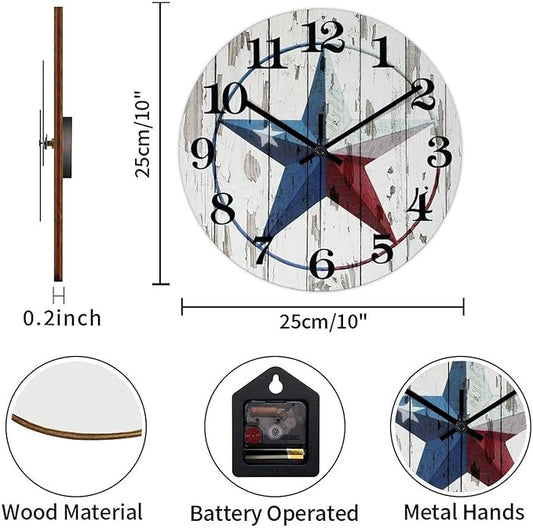 Country Wall Clock Western Texas Star Antique Wood Clock Non-Ticking Silent Battery Operated with Large Numbers Stylish Time Clock for Home Patio Living Room Decoration 10 Inch