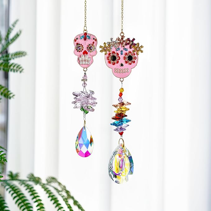 Skull-Shaped Colorful Rhinestones Pendant, Crystal Beads Chain with Glass Chandelier Suncatcher Drops Prisms Hang Ornament, Pack of 2