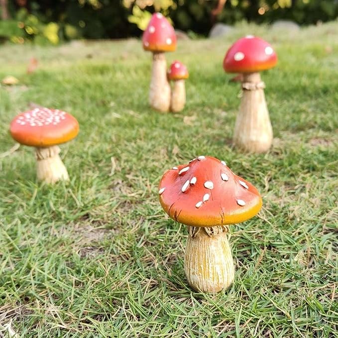 Mushroom Decor - Fairy Garden Accessories Outdoor Spring Patio Decoration 4 PCS Mushroom Statues with Stakes (Red2+Orange2)