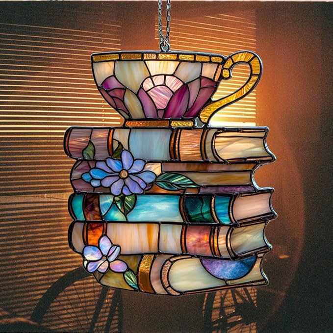 Floral Books and Tea Acrylic Suncatcher Stained Glass Effect Window Car Hanging Christmas Ornament Indoor Outdoor Decor Garden Sun Catcher Panel for Book Lover for Women Mom Grandma