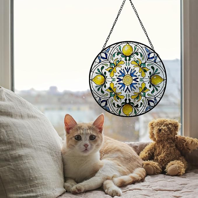 Italian Lemon Stained Glass Window Hanging, Blue and Yellow Mediterranean Lemon Suncatcher Indoor Window Glass Round Wall Art Decor, 7.9x7.9 Inch