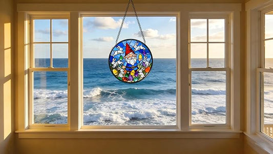 Funoasis Easter Bunny and Gnome Stained Glass Suncatcher - 6.3 Inches Window Hanging Ornaments for Spring Holiday Home Decoration