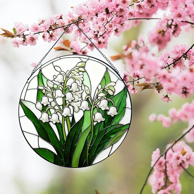 Stained Glass Window Hanging, Spring Lily of The Valley Flower Suncatcher for Window Doors Garden Home Decor, Green Plants Colorful Glass Panel Ornaments for Women,Men,Wife, Lovers, and Mom 7.8 in