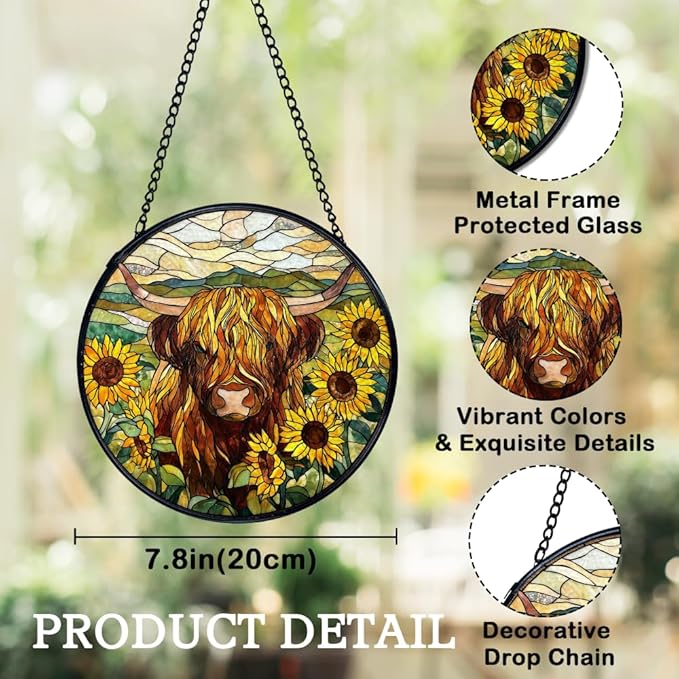 Highland Cow Decor, Sunflower Suncatchers Stained Glass Window Hanging, Western Highland Cow Flower Sun Catchers Indoor Window Glass Round Wall Decor 7.9x7.9in