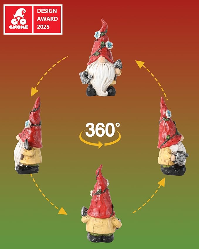 GoGnome Hand-Painted Resin Garden Gnome with Watering can and Shovel Figurine - 6.5" Summer and Spring Decorations for Home and Yard - Ideal Gnome Gifts for Women (Red)