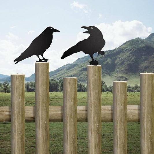 Black Metal Raven Decor ,3PCS Outdoor Raven Yard Fence Decorations ,Metal Birds Craft Ornaments Garden Fence Topper Outdoor Yard Art