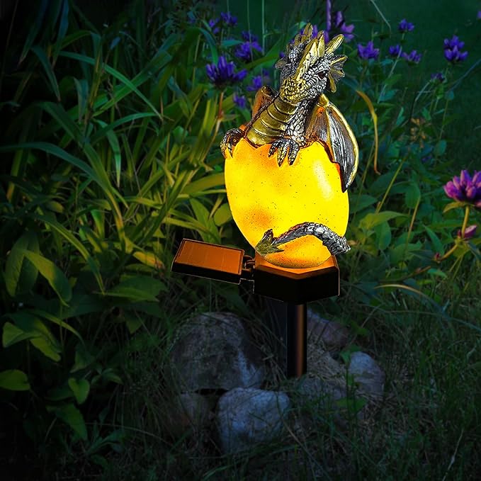 Solar Dragon Garden Decor Dragons Gifts for Women- Dragon Statue Outdoor with Egg Light Lawn Ornaments Solar Egg Lights for Easter Outside Yard Whimsical Art Outdoor Medieval Decor (Yellow)