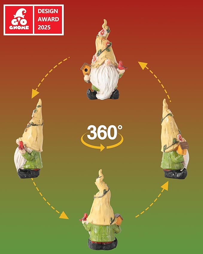 GoGnome Hand-Painted Resin Garden Gnome with Cardinal Figurine - 6.5" Summer and Spring Decorations for Home Decor and Yard - Gnome Gifts for All Ages (Yellow)