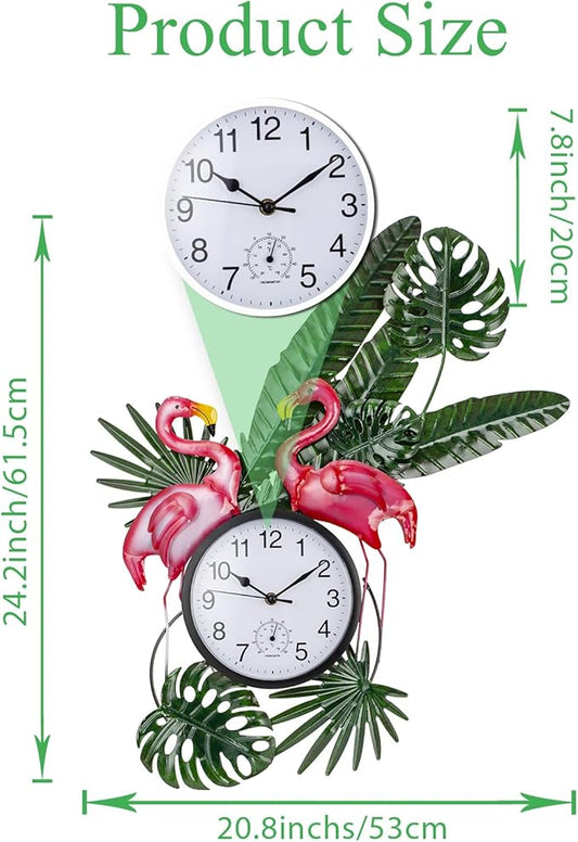 Outdoor Clock Silent Non-Ticking, Flamingo Outdoor Wall Clock and Thermometer Combo, Outside Clock Metal Wall Art Decor for Patio, Garden, Home Decor
